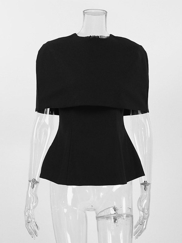 Draped Cowl Neck Cape Overlay Peplum Sleeveless Slim Formal Blouse Top
