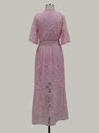 Vacation Dresses Maxi Shaping Lace Half Sleeves V-Neck Flared Sleeves Elegant Pink Dress