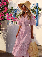 Vacation Dresses Maxi Shaping Lace Half Sleeves V-Neck Flared Sleeves Elegant Pink Dress