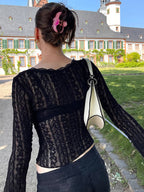 Deep V Scalloped Sheer Lace Flare Sleeve Slim Crop See Through Blouse
