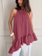 Dusty Pink Gathered Halter Tank Top Irregular Uneven Ruffle Hem Flowy Summer Blouse