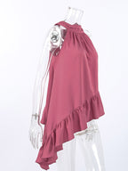 Dusty Pink Gathered Halter Tank Top Irregular Uneven Ruffle Hem Flowy Summer Blouse