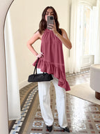 Dusty Pink Gathered Halter Tank Top Irregular Uneven Ruffle Hem Flowy Summer Blouse