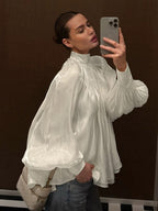 Cream Glossy Satin Mock Neck Gathered Top Balloon Sleeve Pearl Cuff Oversized Blouse