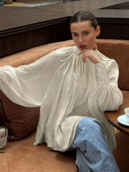 Cream Glossy Satin Mock Neck Gathered Top Balloon Sleeve Pearl Cuff Oversized Blouse
