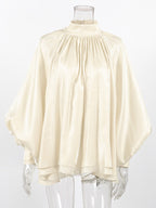 Cream Glossy Satin Mock Neck Gathered Top Balloon Sleeve Pearl Cuff Oversized Blouse