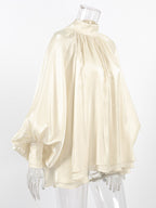 Cream Glossy Satin Mock Neck Gathered Top Balloon Sleeve Pearl Cuff Oversized Blouse