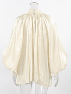 Cream Glossy Satin Mock Neck Gathered Top Balloon Sleeve Pearl Cuff Oversized Blouse