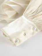 Cream Glossy Satin Mock Neck Gathered Top Balloon Sleeve Pearl Cuff Oversized Blouse