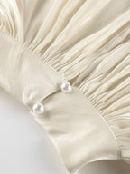 Cream Glossy Satin Mock Neck Gathered Top Balloon Sleeve Pearl Cuff Oversized Blouse