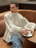 Cream Glossy Satin Mock Neck Gathered Top Balloon Sleeve Pearl Cuff Oversized Blouse