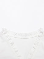 Cream White Ruched Bust Ruffle Edge Puff Sleeve Wrap Front Cropped Summer Top