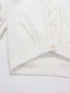 Cream White Ruched Bust Ruffle Edge Puff Sleeve Wrap Front Cropped Summer Top