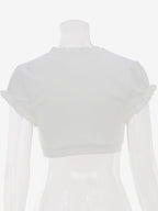 Cream White Ruched Bust Ruffle Edge Puff Sleeve Wrap Front Cropped Summer Top