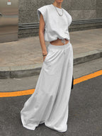 Heather Gray Oversized Cut Off Sleeve Top Elastic Waist Wide Leg Pant Lounge Set