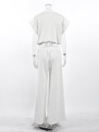 Heather Gray Oversized Cut Off Sleeve Top Elastic Waist Wide Leg Pant Lounge Set