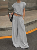 Heather Gray Oversized Cut Off Sleeve Top Elastic Waist Wide Leg Pant Lounge Set