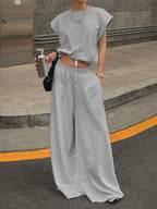 Heather Gray Oversized Cut Off Sleeve Top Elastic Waist Wide Leg Pant Lounge Set