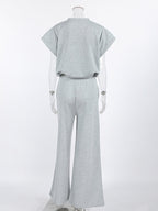 Heather Gray Oversized Cut Off Sleeve Top Elastic Waist Wide Leg Pant Lounge Set