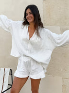 Pastel Pink Blue White Oversized Linen Shirt Elastic Waist Ruffle Shorts Set
