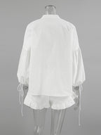 Pastel Pink Blue White Oversized Linen Shirt Elastic Waist Ruffle Shorts Set