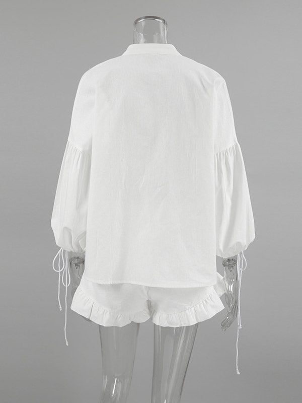 Pastel Pink Blue White Oversized Linen Shirt Elastic Waist Ruffle Shorts Set