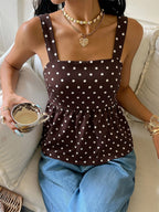 Deep Brown Cami Top Straps Neck Lace Up Chic Polka Dot Women Camis