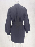 Party DressMini Black Stand Collar Long Sleeves Lantern Sleeve Elegant Semi Formal Dress