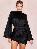 Party DressMini Black Stand Collar Long Sleeves Lantern Sleeve Elegant Semi Formal Dress