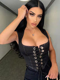 Black Cami Top Lace Up Polyester Sexy Women Camis