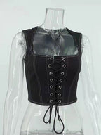 Black Cami Top Lace Up Polyester Sexy Women Camis