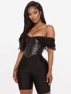 Black Cami Top Off-The-Shoulder Sexy PU Leather Women Camis