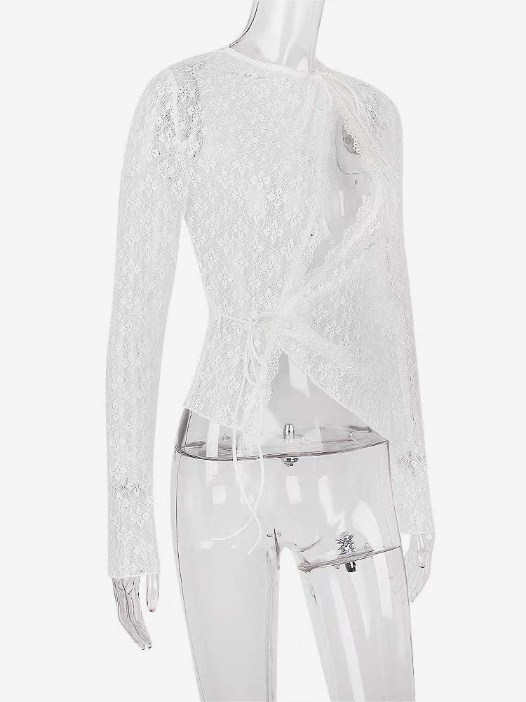 Blouse For Women White Lace Jewel Neck Clothes Sexy Cut Out Lace Long Sleeves Tops