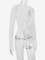 Blouse For Women White Lace Jewel Neck Clothes Sexy Cut Out Lace Long Sleeves Tops