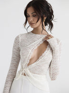 Blouse For Women White Lace Jewel Neck Clothes Sexy Cut Out Lace Long Sleeves Tops