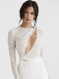 Blouse For Women White Lace Jewel Neck Clothes Sexy Cut Out Lace Long Sleeves Tops