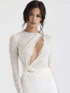 Blouse For Women White Lace Jewel Neck Clothes Sexy Cut Out Lace Long Sleeves Tops