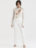 Blouse For Women White Lace Jewel Neck Clothes Sexy Cut Out Lace Long Sleeves Tops