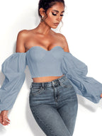 Shirt For Women Blue Strapless Sexy Long Sleeves Tops