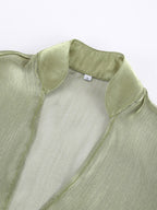Blouse For Women Green Cropped V-Neck Elegant Long Sleeves Tops