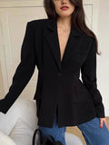 Women Notched Lapel Single Button Fitted Waist Tailored Black Blazer Jacket