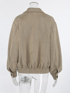 Women Faux Suede Lapel Zip Bomber Jacket Elastic Rib Hem Cropped Casual Coat