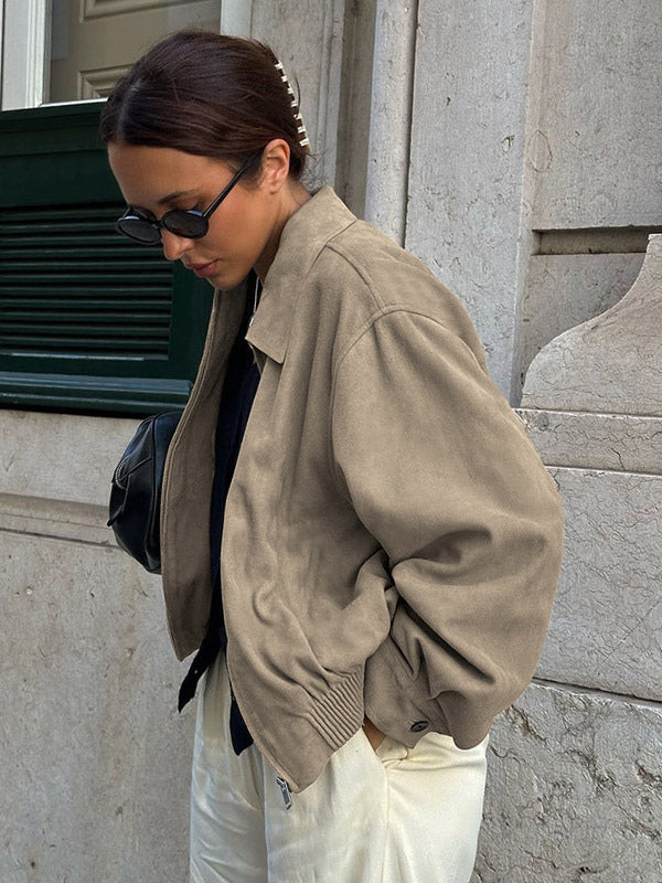 Women Faux Suede Lapel Zip Bomber Jacket Elastic Rib Hem Cropped Casual Coat