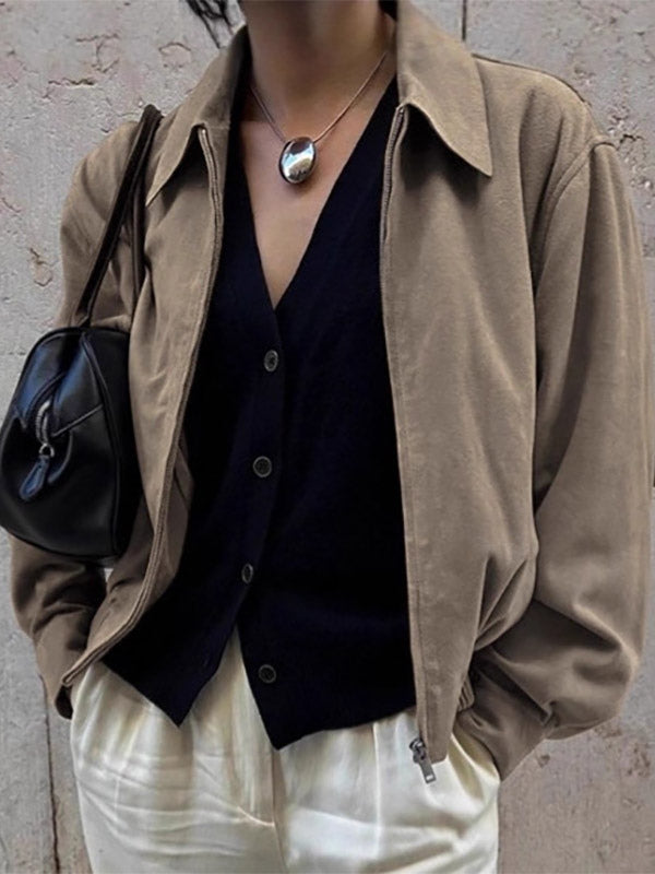 Women Faux Suede Lapel Zip Bomber Jacket Elastic Rib Hem Cropped Casual Coat