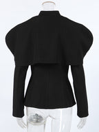 Women Stand Collar Cape Shoulder Gold Button Fitted Peplum Blazer Jacket
