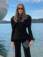 Women Stand Collar Cape Shoulder Gold Button Fitted Peplum Blazer Jacket