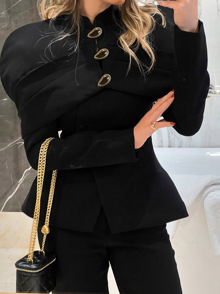 Women Stand Collar Cape Shoulder Gold Button Fitted Peplum Blazer Jacket