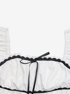Women Square Neck Puff Short Sleeve Black Lace Bow Peplum Babydoll Blouse Top