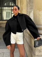 Women Lapel Collar Batwing Oversleeve Zip Up Cropped Wool Blend Jacket
