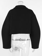 Women Lapel Collar Batwing Oversleeve Zip Up Cropped Wool Blend Jacket